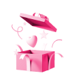 An illustration of a pink gift box with confetti, stars, and heart symbols.