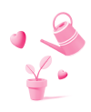 An illustration of a pink potted plant, a watering can, and heart symbols.